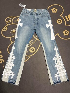Gallery Dept Blue Denim Jeans with White Cross Appliqués